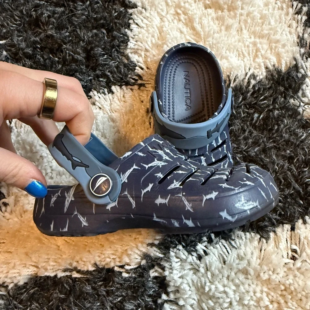 Nautica Navy Blue Kids Water Shoes with White Shark Pattern